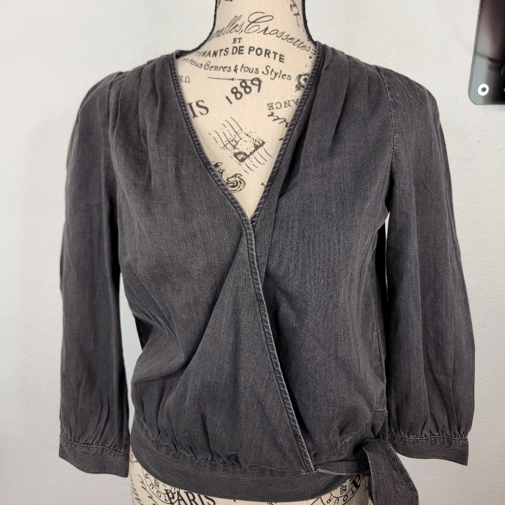 Madewell XS Wrap Top In Black Denim Wash K3810